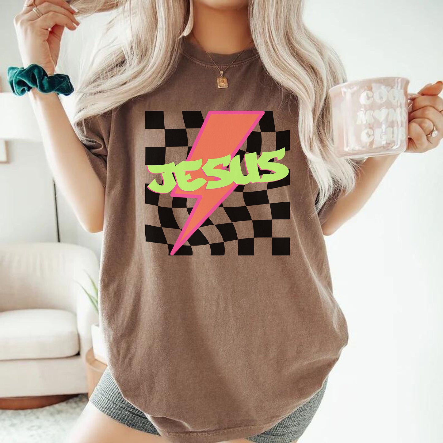 Jesus Checkered Tee, Neon Jesus Shirt, Retro Checkered Jesus Shirt, Christian Comfort Colors®, Lightning Bolt shirt, Christian Streetwear