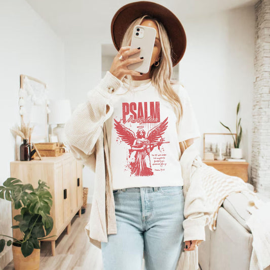 Psalm 91 Angel T Shirt, Comfort Colors Christian Tee, Faith and Strength Shirt, Warrior Angel Christian Apparel