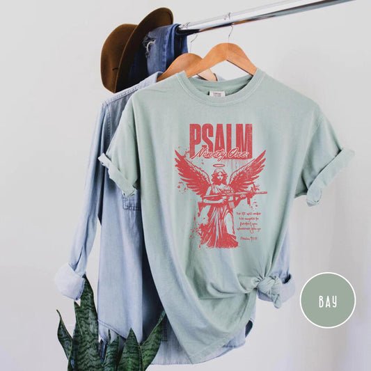 Psalm 91 Angel T Shirt, Comfort Colors Christian Tee, Faith and Strength Shirt, Warrior Angel Christian Apparel