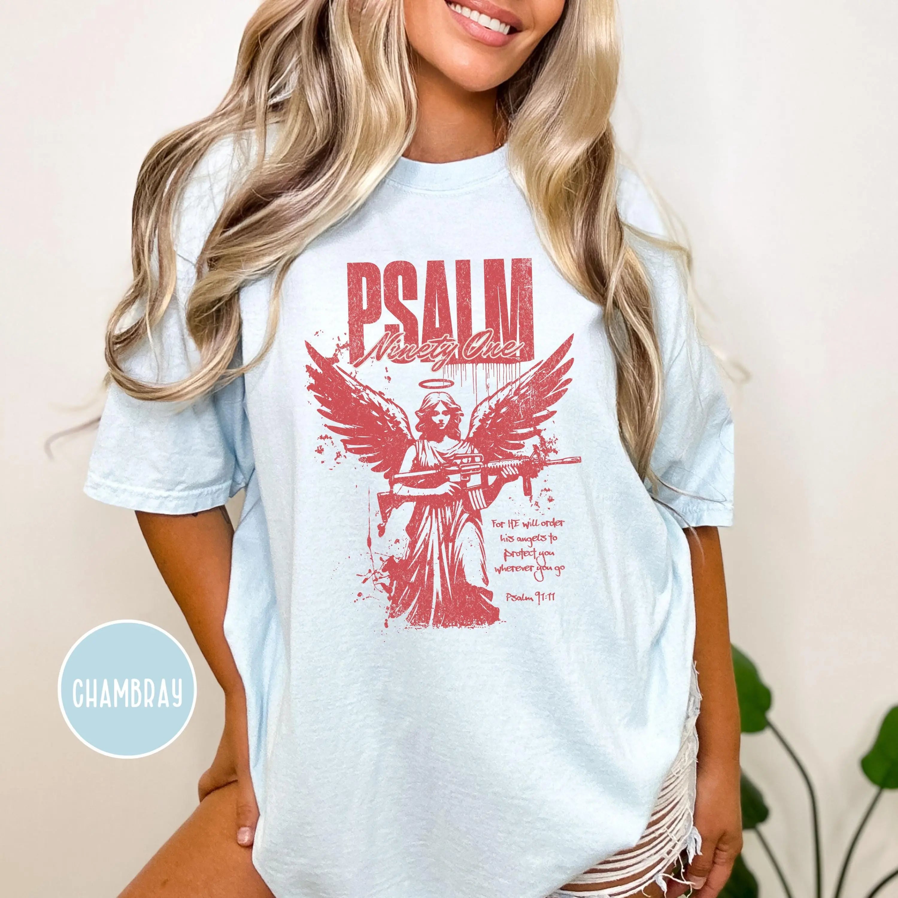 Psalm 91 Angel T Shirt, Comfort Colors Christian Tee, Faith and Strength Shirt, Warrior Angel Christian Apparel
