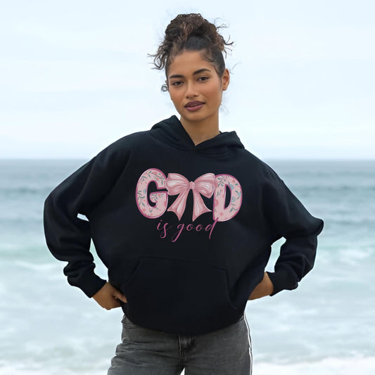 God is Good Coquette Pink Bow Hoodie, Christian Faith Sweatshirt, Religious Gift, Cute Pullover, Women's Christian Hoodie, Worship Apparel