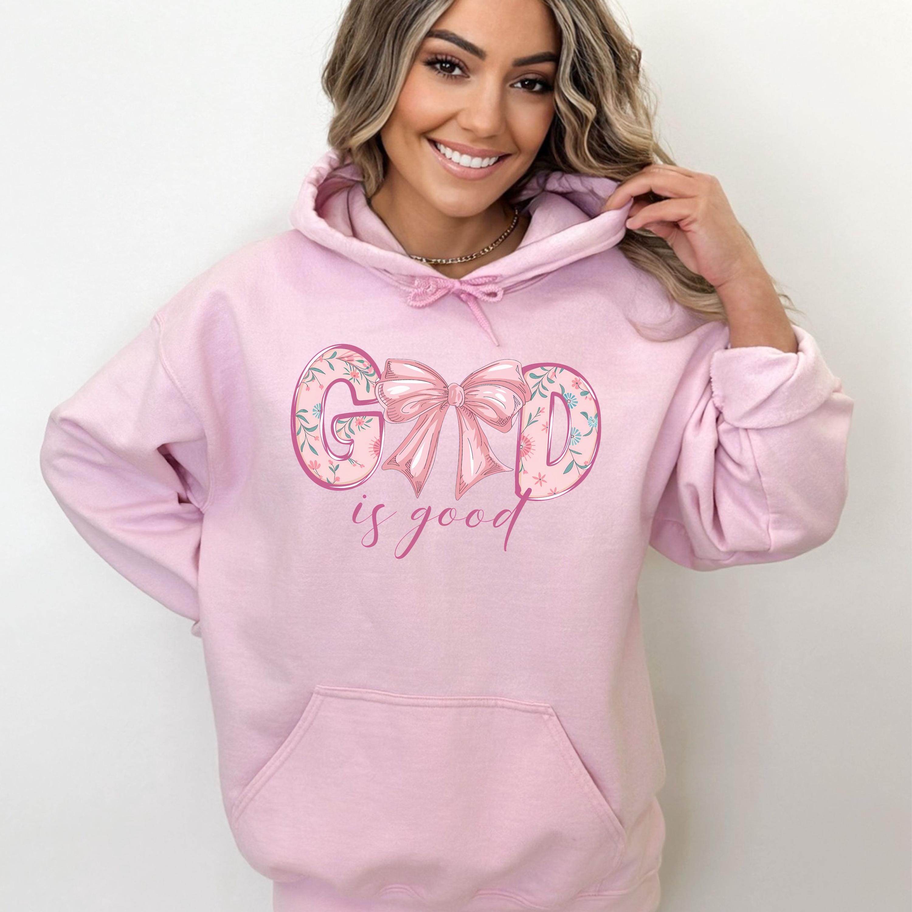 God is Good Coquette Pink Bow Hoodie, Christian Faith Sweatshirt, Religious Gift, Cute Pullover, Women's Christian Hoodie, Worship Apparel