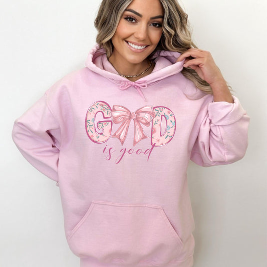 God is Good Coquette Pink Bow Hoodie, Christian Faith Sweatshirt, Religious Gift, Cute Pullover, Women's Christian Hoodie, Worship Apparel