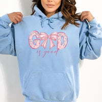 God is Good Coquette Pink Bow Hoodie, Christian Faith Sweatshirt, Religious Gift, Cute Pullover, Women's Christian Hoodie, Worship Apparel