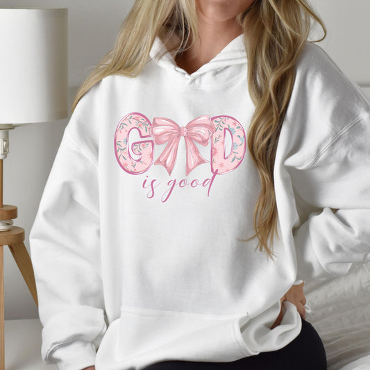 God is Good Coquette Pink Bow Hoodie, Christian Faith Sweatshirt, Religious Gift, Cute Pullover, Women's Christian Hoodie, Worship Apparel