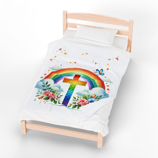 Christian Kids Blanket, Velveteen Plush Blanket, Rainbow and Cross Blanket, Rainbow Throw Blanket, Religious Youth Throw, Cozy Kids Blanket