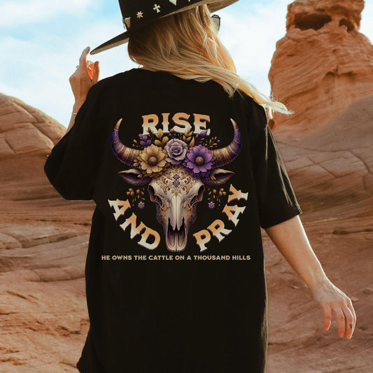 Boho Cow Skull Graphic Tee: Western Christian Country Shirt