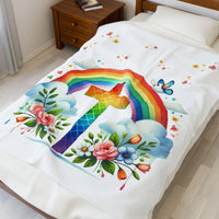 Christian Kids Blanket, Velveteen Plush Blanket, Rainbow and Cross Blanket, Rainbow Throw Blanket, Religious Youth Throw, Cozy Kids Blanket