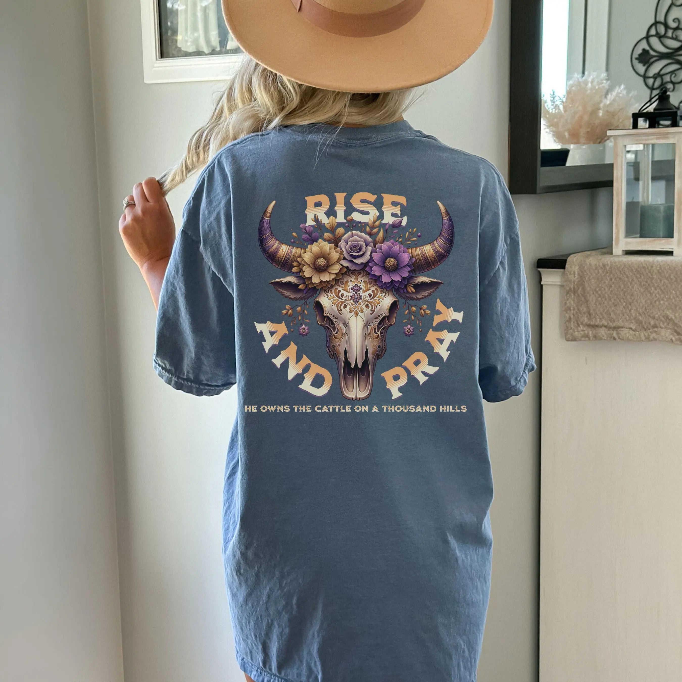 Boho Cow Skull Graphic Tee: Western Christian Country Shirt