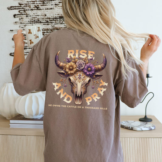 Boho Cow Skull Graphic Tee: Western Christian Country Shirt