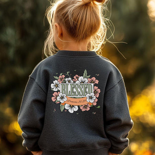 Youth Blessed Sweatshirt - "Blessed" Floral Design, Cozy Gift, Spring Fashion, Youth Apparel, Inspirational Style, Everyday Comfort