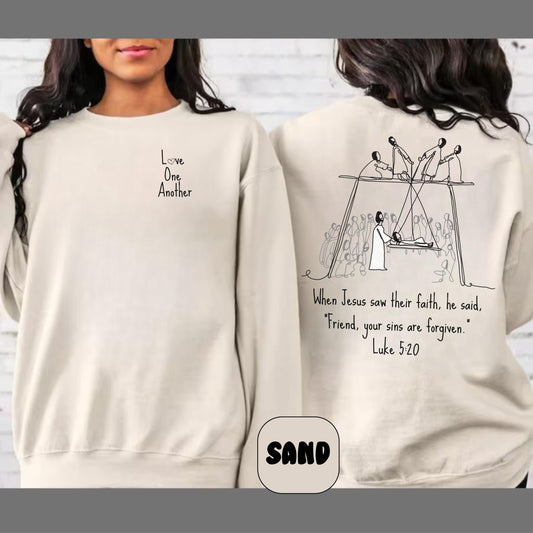 Luke 5:20 sweatshirt, Christian Line art sweatshirt, christian mom gift, youth pastor gift, Bible Verse Apparel, trendy Christian Clothing,