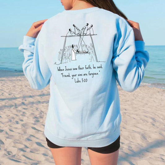 Luke 5:20 sweatshirt, Christian Line art sweatshirt, christian mom gift, youth pastor gift, Bible Verse Apparel, trendy Christian Clothing,