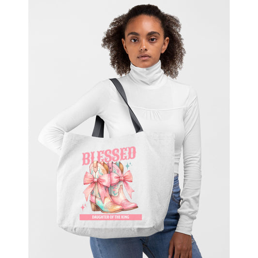 Christian Blessed Tote Bag, Daughter of the King Gift Bag, Inspirational Shoulder Bag, Religious Cotton Tote, Christian Women's Tote, Faith