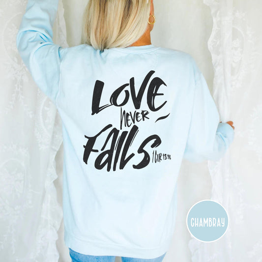 Love Never Fails Comfort Colors Sweatshirt, Bible Verse Apparel, Christian Long Sleeve, Christian gift, Bible Verse Shirt, Jesus sweatshirt