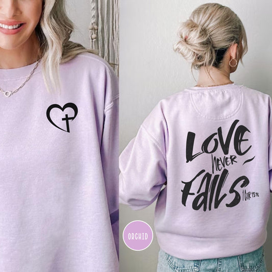 Love Never Fails Comfort Colors Sweatshirt, Bible Verse Apparel, Christian Long Sleeve, Christian gift, Bible Verse Shirt, Jesus sweatshirt