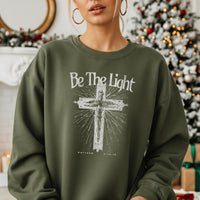 Christian Women’s Sweatshirt – Be the Light Crewneck with Cross – Faith Inspired Religious Gift – Scripture Apparel for Her