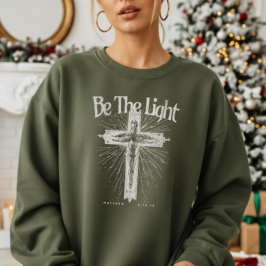 Christian Women’s Sweatshirt – Be the Light Crewneck with Cross – Faith Inspired Religious Gift – Scripture Apparel for Her