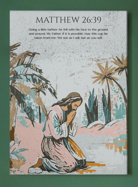 Christian Canvas Wall Art – Jesus Praying in the Garden of Gethsemane – Bible Verse Matthew 26:39 – Inspirational Faith Gift