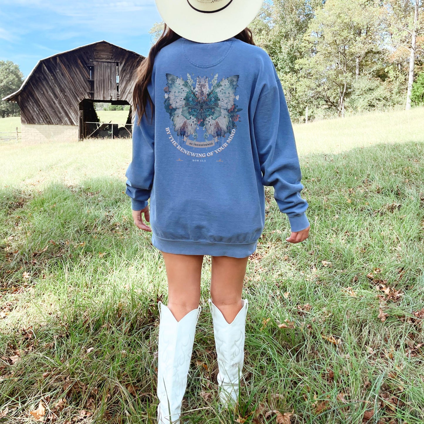 Romans 12:2 Butterfly Sweatshirt – Women’s Christian Comfort Colors Crewneck – Be Transformed Butterfly Sweatshirt – Bible Verse Gift