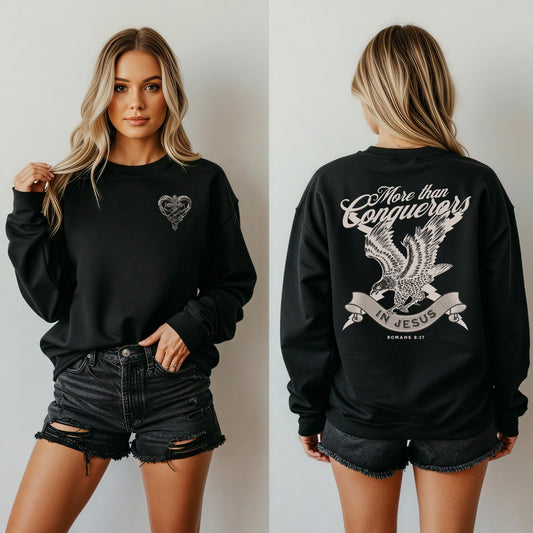 More Than Conquerors Sweatshirt – Christian Women’s Faith Sweatshirt – Women's Bible Verse Crewneck – Faith Based Apparel - Church Sweater