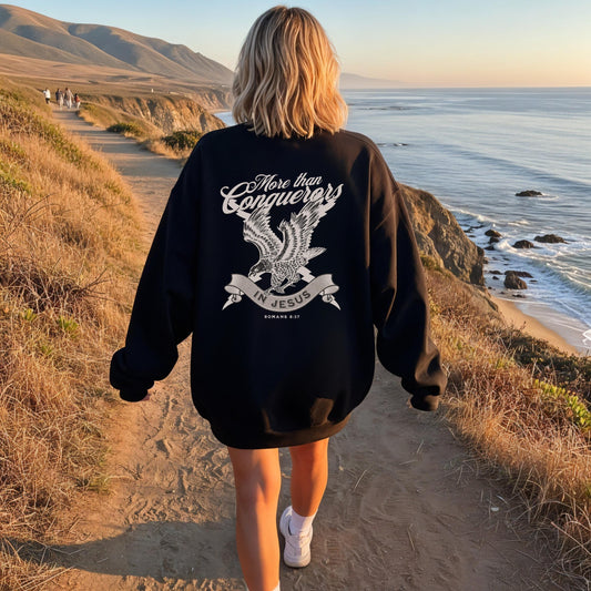 More Than Conquerors Sweatshirt – Christian Women’s Faith Sweatshirt – Women's Bible Verse Crewneck – Faith Based Apparel - Church Sweater