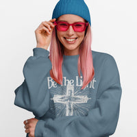 Christian Women’s Sweatshirt – Be the Light Crewneck with Cross – Faith Inspired Religious Gift – Scripture Apparel for Her