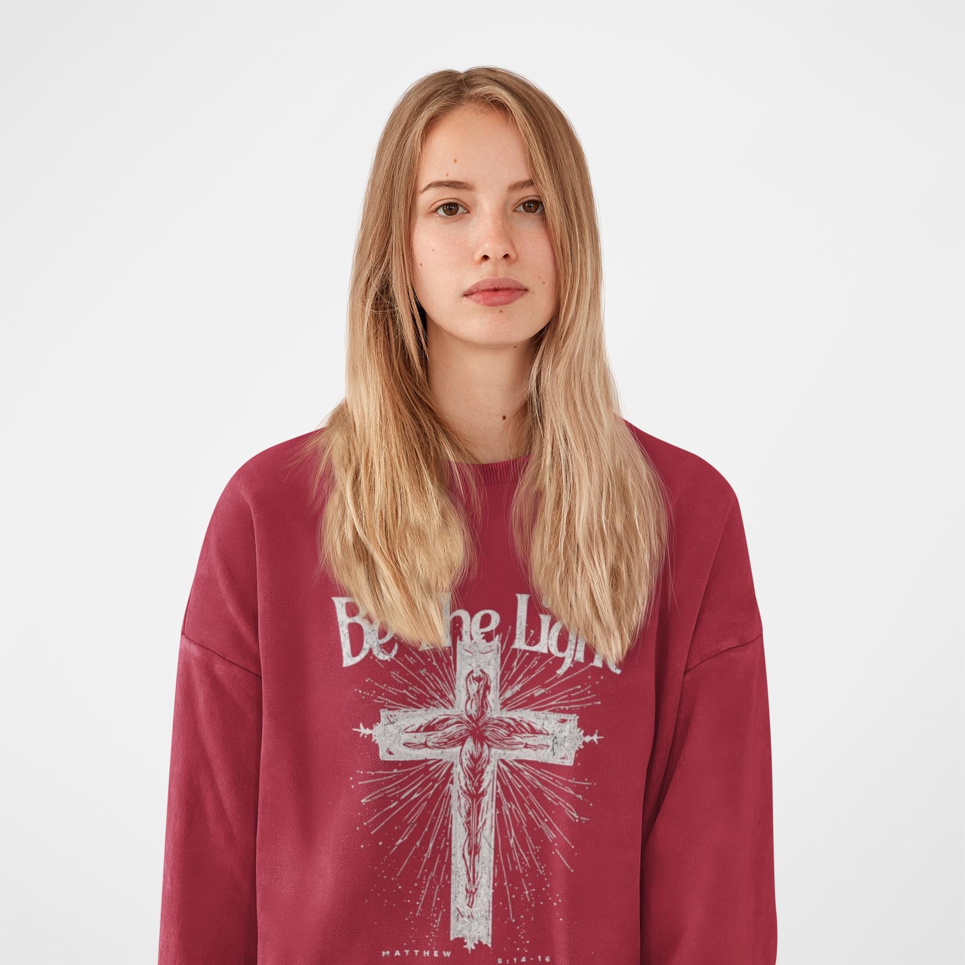 Christian Women’s Sweatshirt – Be the Light Crewneck with Cross – Faith Inspired Religious Gift – Scripture Apparel for Her