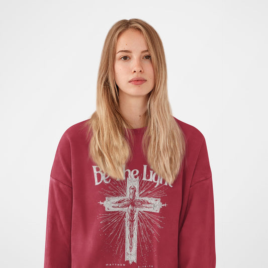 Christian Women’s Sweatshirt – Be the Light Crewneck with Cross – Faith Inspired Religious Gift – Scripture Apparel for Her
