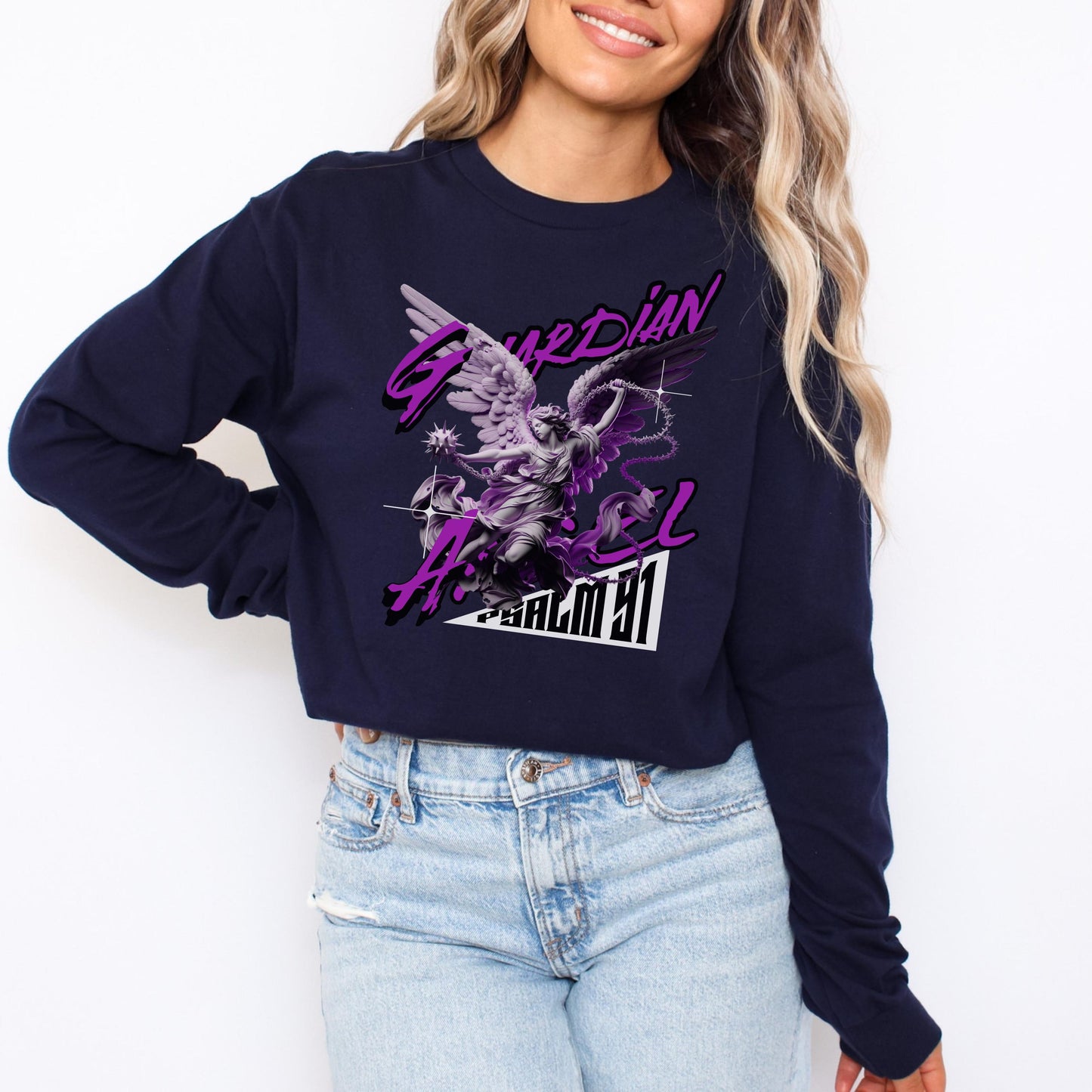 Guardian Angel Long Sleeve Tee | Christian Crewneck | Trendy Religious Apparel | Romans116