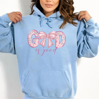 May include: A light blue hoodie with a pink floral design that says 'GOD is good' with a pink bow in the middle of the word GOD.