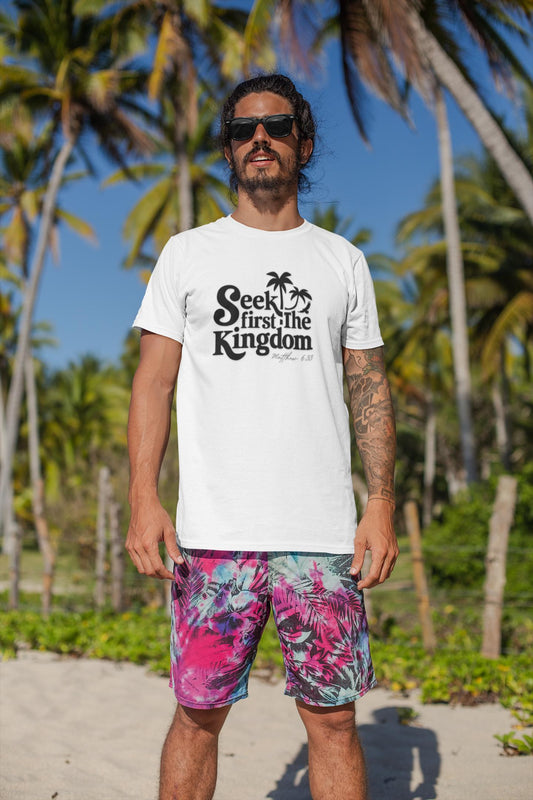 Seek First the Kingdom Tee, Comfort Colors® Christian Men's Tee, Beach Shirt for Men, Christian Beach Apparel