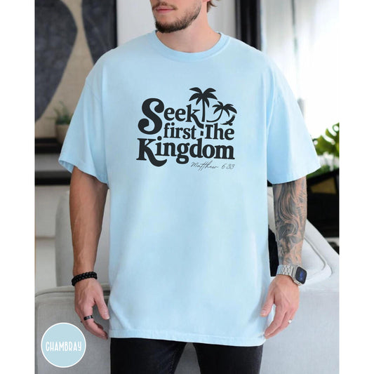 Seek First the Kingdom Tee, Comfort Colors® Christian Men's Tee, Beach Shirt for Men, Christian Beach Apparel