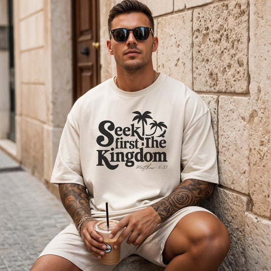 Seek First the Kingdom Tee, Comfort Colors® Christian Men's Tee, Beach Shirt for Men, Christian Beach Apparel