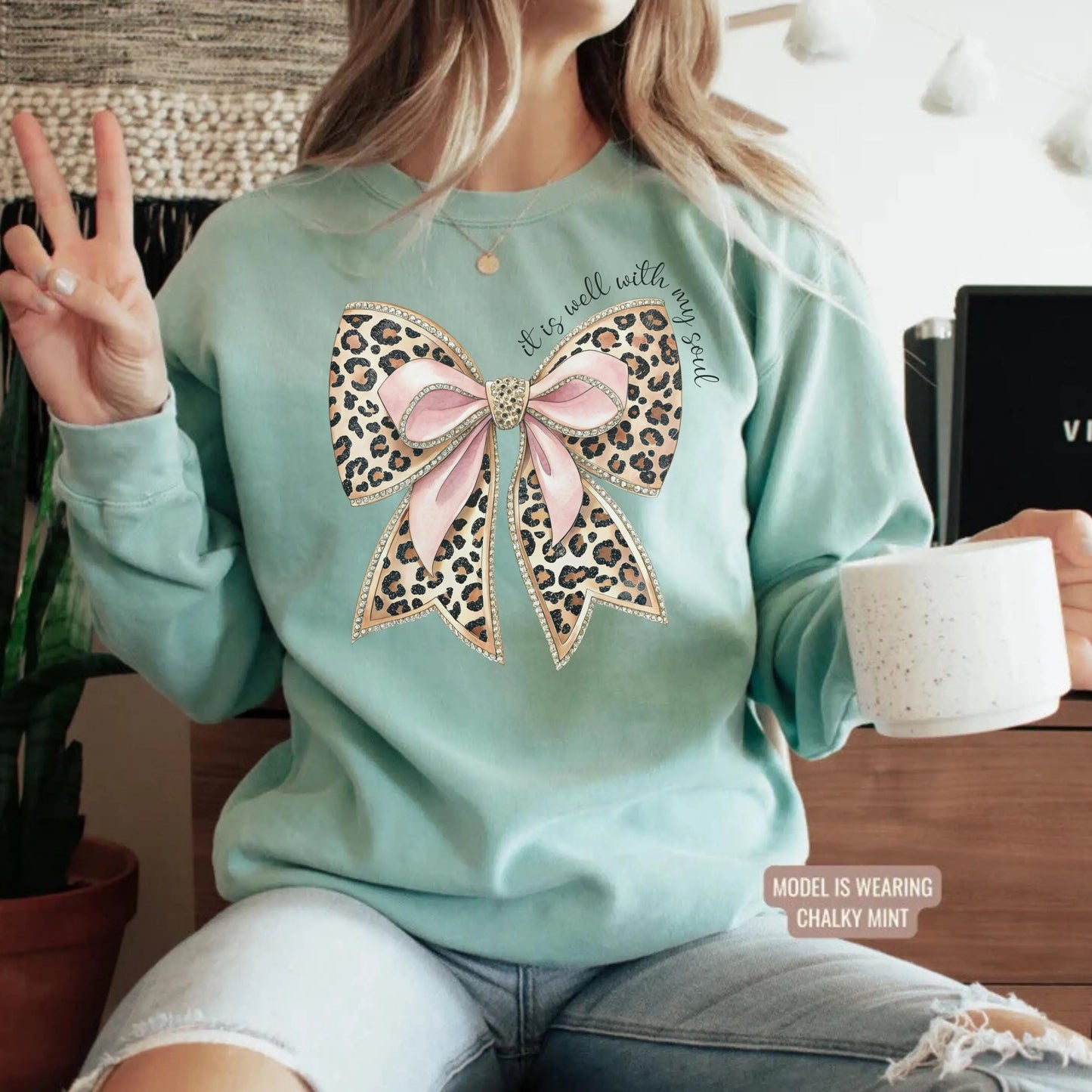 Leopard Print Bow with Pink Ribbon Sweatshirt | It Is Well Crewneck | Christian Gift For Women