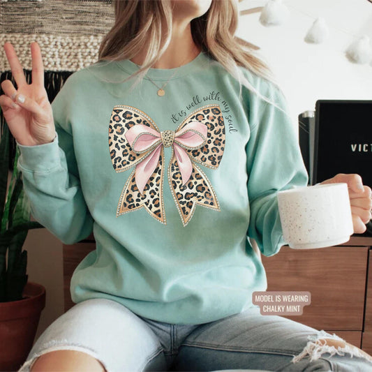 Leopard Print Bow with Pink Ribbon Sweatshirt | It Is Well Crewneck | Christian Gift For Women