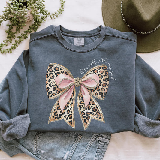Leopard Print Bow with Pink Ribbon Sweatshirt | It Is Well Crewneck | Christian Gift For Women