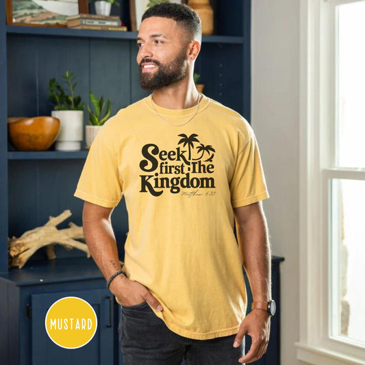 Seek First the Kingdom Tee, Comfort Colors® Christian Men's Tee, Beach Shirt for Men, Christian Beach Apparel
