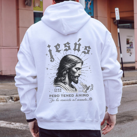 Spanish Jesus Hoodie, Spanish Religious Apparel, Juan 16:33, Jesus Es Amor, Spanish Christian Apparel