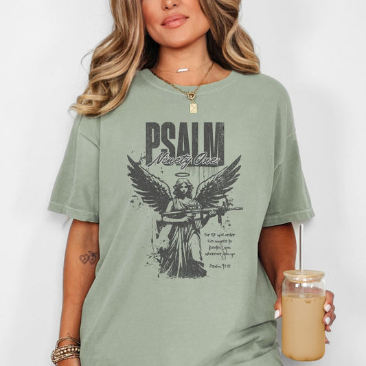 Psalm 91 Angel T Shirt, Comfort Colors Christian Tee, Faith and Strength Shirt, Warrior Angel Christian Apparel