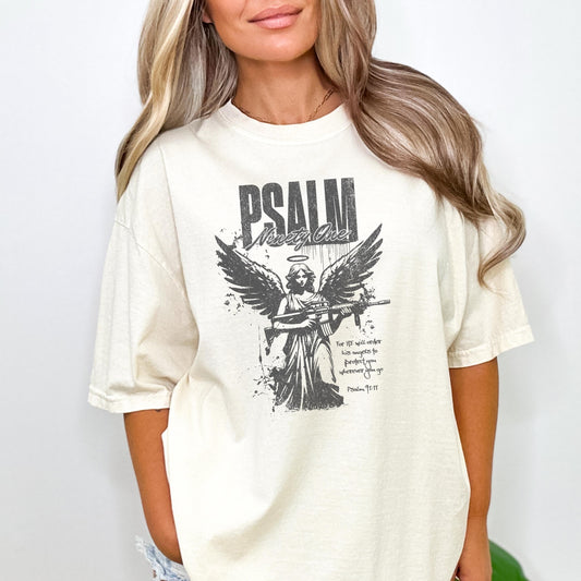Psalm 91 Angel T Shirt, Comfort Colors Christian Tee, Faith and Strength Shirt, Warrior Angel Christian Apparel