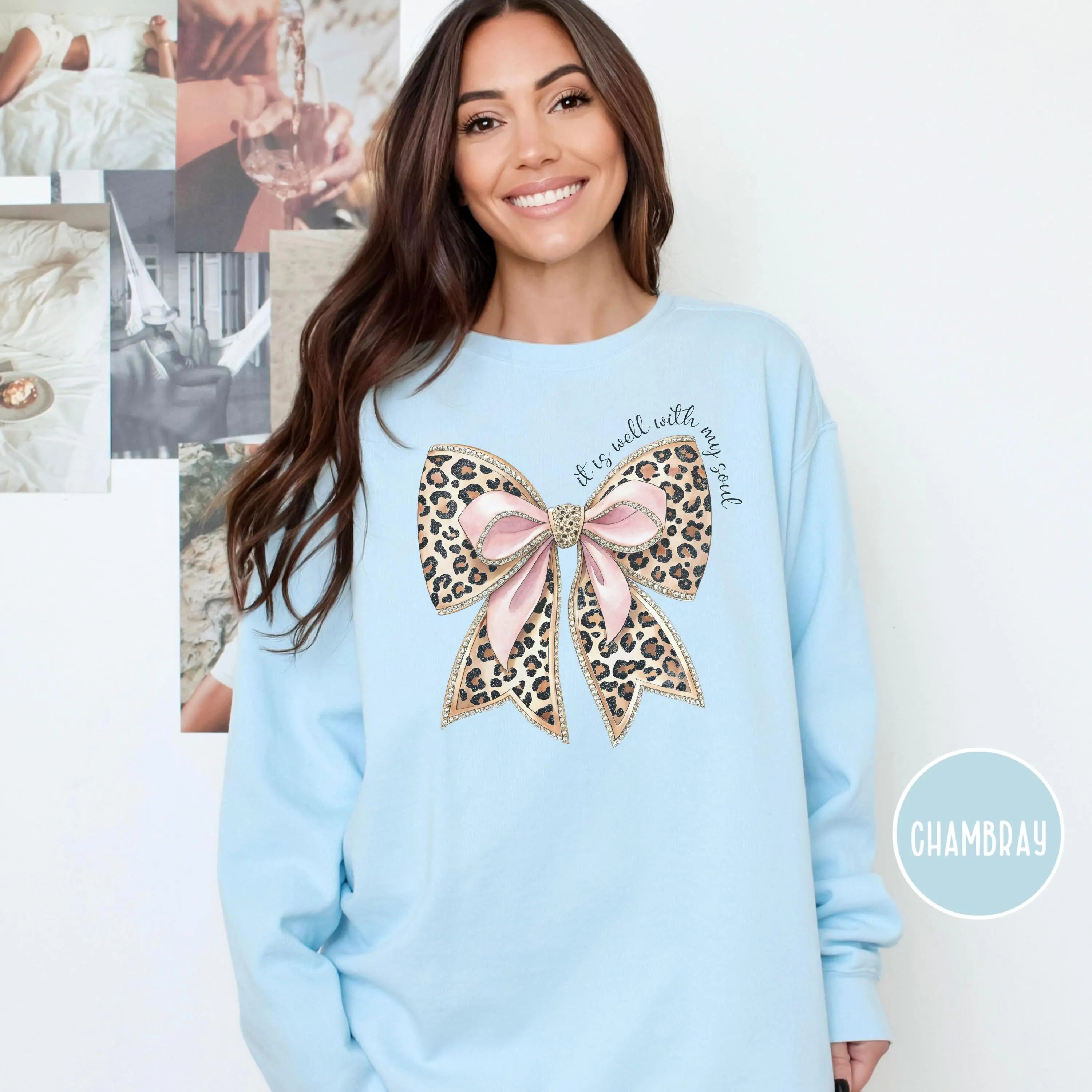 Leopard Print Bow with Pink Ribbon Sweatshirt | It Is Well Crewneck | Christian Gift For Women