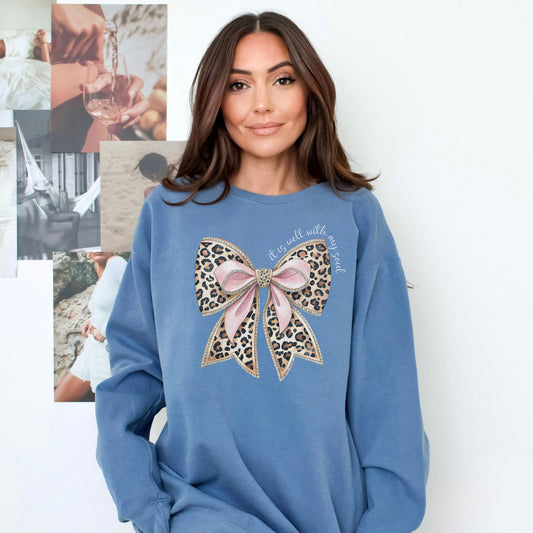 Leopard Print Bow with Pink Ribbon Sweatshirt | It Is Well Crewneck | Christian Gift For Women