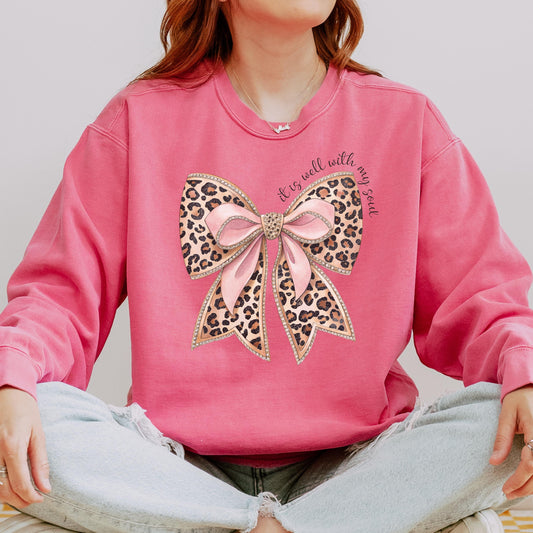 Leopard Print Bow with Pink Ribbon Sweatshirt | It Is Well Crewneck | Christian Gift For Women