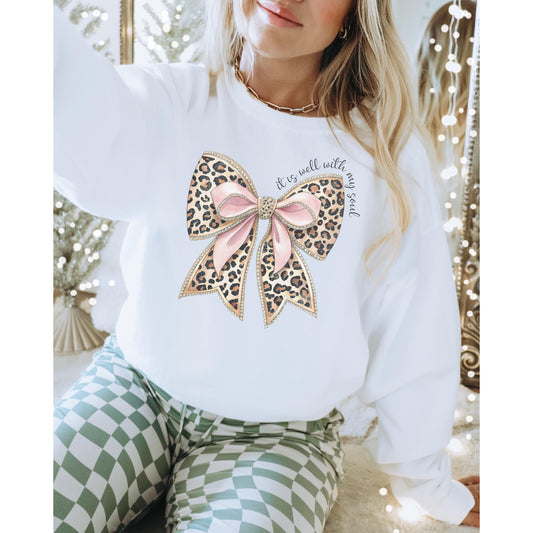 Leopard Print Bow with Pink Ribbon Sweatshirt | It Is Well Crewneck | Christian Gift For Women