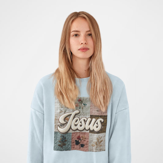 Jesus Faux Patchwork Comfort Colors Sweatshirt, Christian Comfort Colors Faux Patchwork Sweatshirt
