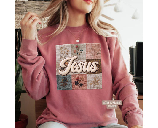 Jesus Faux Patchwork Comfort Colors Sweatshirt, Christian Comfort Colors Faux Patchwork Sweatshirt