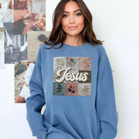 Jesus Faux Patchwork Comfort Colors Sweatshirt, Christian Comfort Colors Faux Patchwork Sweatshirt