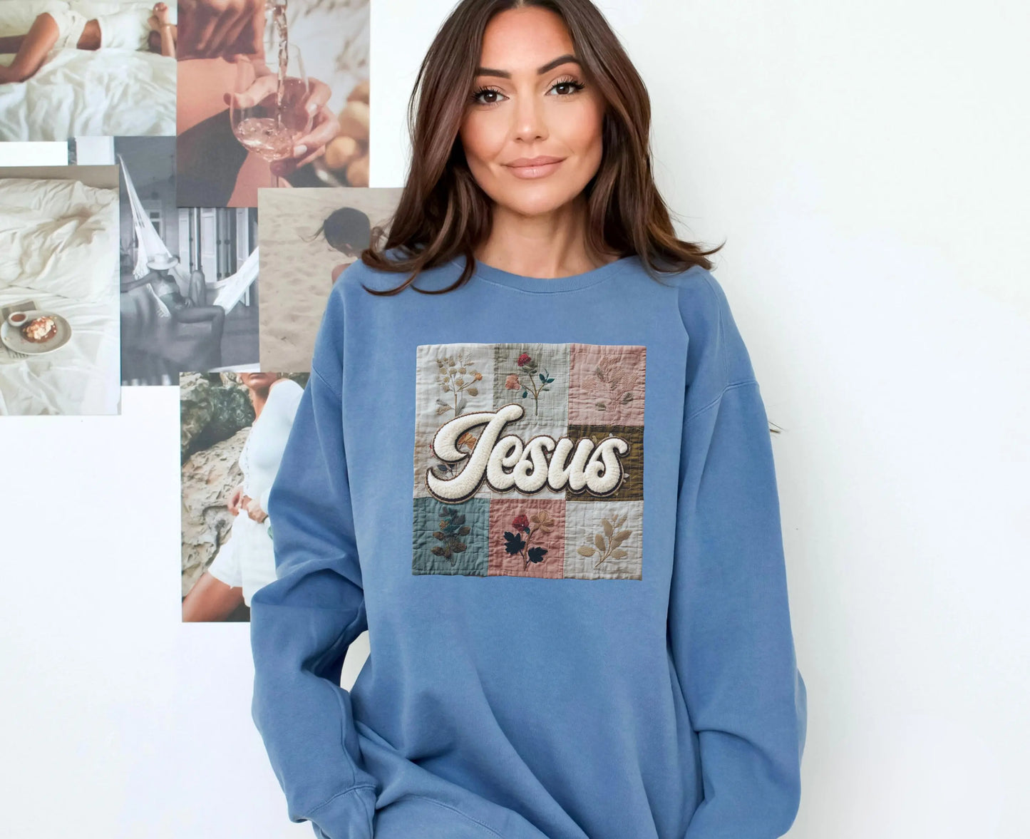 Jesus Faux Patchwork Comfort Colors Sweatshirt, Christian Comfort Colors Faux Patchwork Sweatshirt