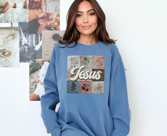 Jesus Faux Patchwork Comfort Colors Sweatshirt, Christian Comfort Colors Faux Patchwork Sweatshirt